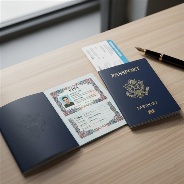 Ilustración de un pasaporte y una visa sobre un escritorio